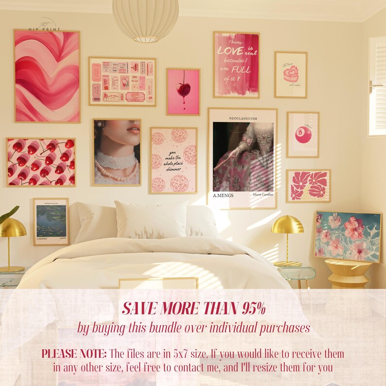 May include: A collage of 10 digital prints in a bedroom setting. The prints feature various designs, including abstract shapes, cherries, a woman's portrait, a quote about love, and a painting of a woman in a dress. The prints are arranged on a white wall above a white bed with a white duvet and two pillows. The bed is next to a gold lamp on a glass table. The text on the prints reads "I know LOVE is real because I am FULL of it", "you make the whole place shimmer", and "NEOCLASSICISM".