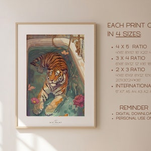 Peut inclure: Impression num&eacute;rique d'un tigre dans une baignoire avec de l'eau verte et des fleurs roses. L'impression est disponible en quatre tailles&nbsp;: 4x5, 3x4, 2x3 et tailles internationales. L'impression est r&eacute;serv&eacute;e &agrave; un usage personnel.