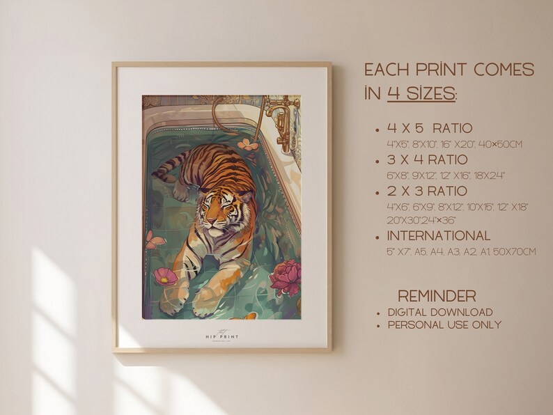 Peut inclure: Impression num&eacute;rique d'un tigre dans une baignoire avec de l'eau verte et des fleurs roses. L'impression est disponible en quatre tailles&nbsp;: 4x5, 3x4, 2x3 et tailles internationales. L'impression est r&eacute;serv&eacute;e &agrave; un usage personnel.