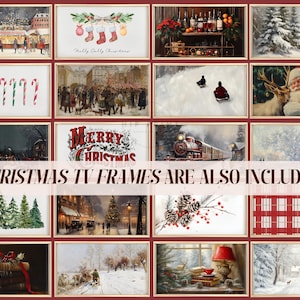 May include: A collage of 12 framed Christmas images. The images include a snowy village, a train, a Christmas tree, a Santa Claus, a winter scene, a fireplace, a candy cane, and a winter forest. The frames are all red with gold trim.