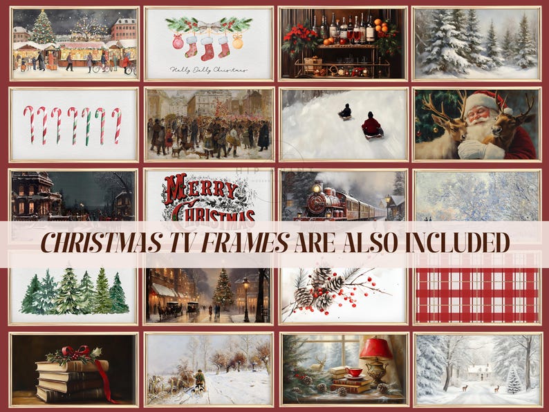 May include: A collage of 12 framed Christmas images. The images include a snowy village, a train, a Christmas tree, a Santa Claus, a winter scene, a fireplace, a candy cane, and a winter forest. The frames are all red with gold trim.