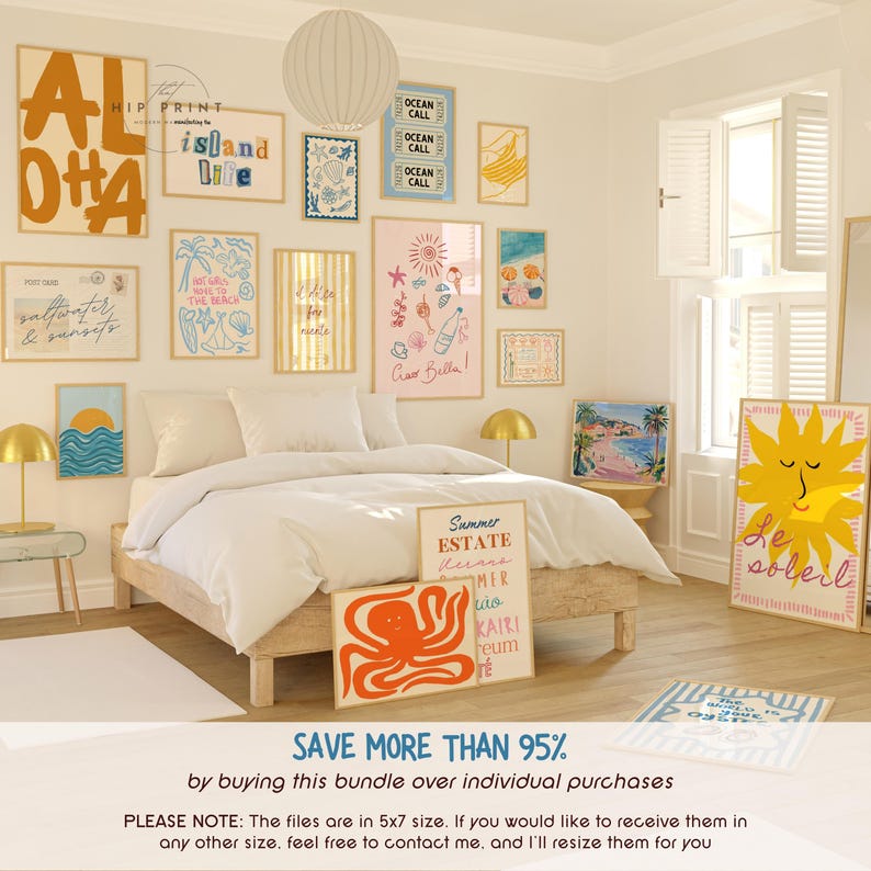 May include: A collection of 12 digital prints featuring a variety of summer-themed designs. The prints include illustrations of an octopus, a sun, a beach scene, and text that says "Aloha", "Island Life", "Summer Estate", "Le Soleil", and "Ocean Call".