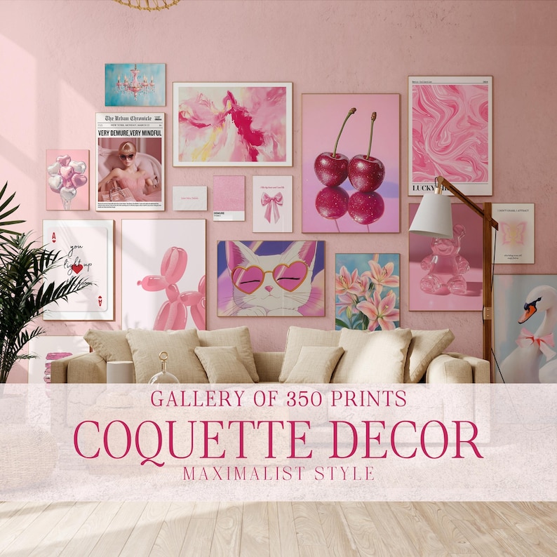 May include: A pink living room with a gallery wall of prints featuring a variety of designs, including a pink and white abstract painting, a pink and white marble design, a pink and white cherry print, a pink and white balloon animal, a pink and white cat with sunglasses, a pink and white lily print, a pink and white frog print, a pink and white swan print, and a pink and white butterfly print. The text "GALLERY OF 350 PRINTS COQUETTE DECOR MAXIMALIST STYLE" is displayed on the bottom of the image.