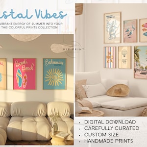 May include: A set of eight colorful prints with a coastal theme. The prints feature images of surfboards, palm trees, seashells, and a beach scene. The prints are arranged in a grid on a white wall. The text "Coastal Vibes" is at the top of the image. The text "Digital Download, Carefully Curated, Custom Size, Handmade Prints" is at the bottom of the image.