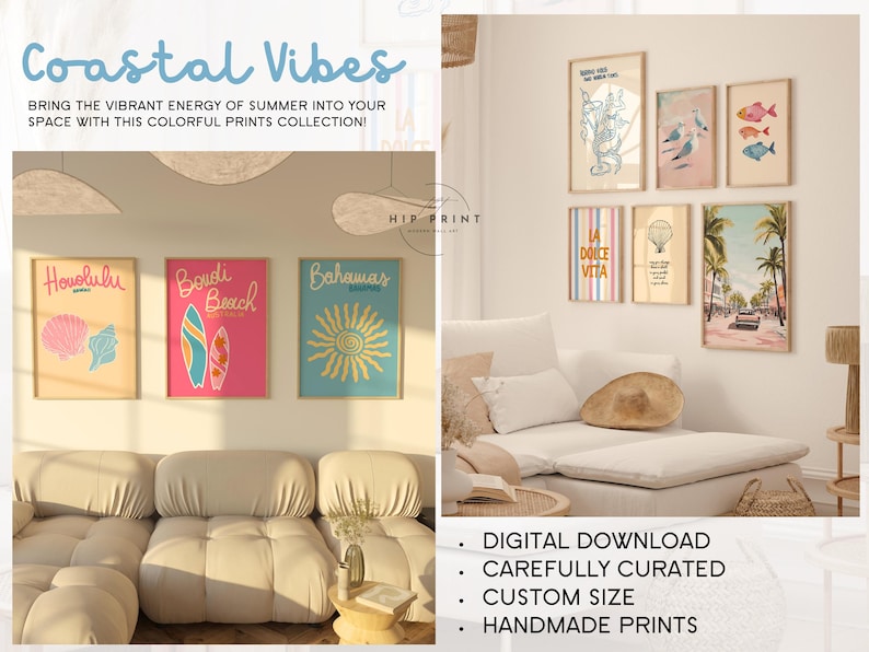 May include: A set of eight colorful prints with a coastal theme. The prints feature images of surfboards, palm trees, seashells, and a beach scene. The prints are arranged in a grid on a white wall. The text "Coastal Vibes" is at the top of the image. The text "Digital Download, Carefully Curated, Custom Size, Handmade Prints" is at the bottom of the image.