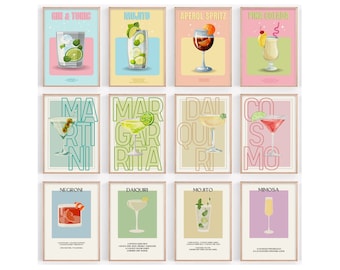 Cocktail Prints Set of 12, Colorful Cocktail Gallery Digital Wall Art, Cocktail Art Prints, Cocktail Printable Poster, Retro Cocktail Print.