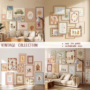 Puede incluir: Una colecci&oacute;n de grabados art&iacute;sticos vintage enmarcados en varios tama&ntilde;os y dise&ntilde;os, que incluyen ilustraciones de animales, veh&iacute;culos y escenas caprichosas. El texto "VINTAGE COLLECTION" se muestra en la parte inferior, junto con "over 210 prints" y "customizable sizes".