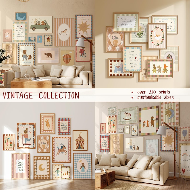 Puede incluir: Una colecci&oacute;n de grabados art&iacute;sticos vintage enmarcados en varios tama&ntilde;os y dise&ntilde;os, que incluyen ilustraciones de animales, veh&iacute;culos y escenas caprichosas. El texto "VINTAGE COLLECTION" se muestra en la parte inferior, junto con "over 210 prints" y "customizable sizes".
