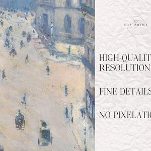 May include: A painting depicting a city street scene with people walking and a building in the background. The painting is rendered in a light blue and white colour scheme.