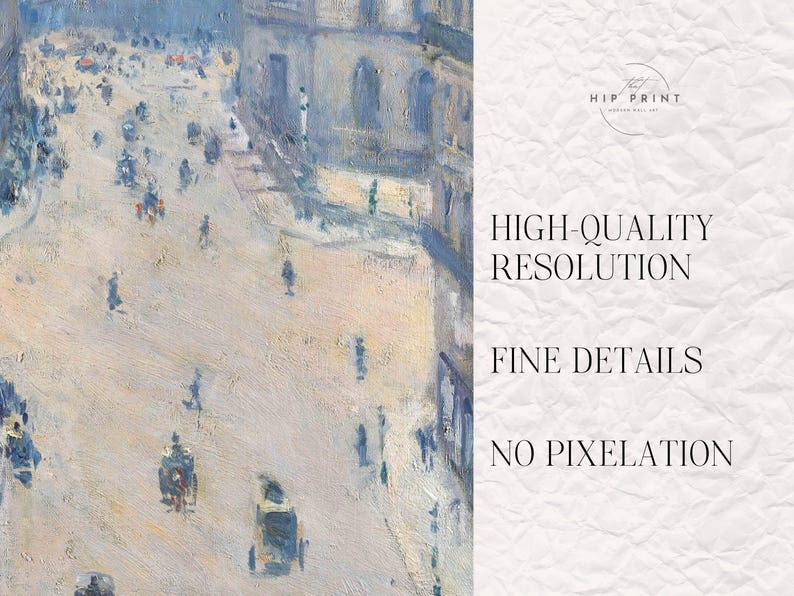 May include: A painting depicting a city street scene with people walking and a building in the background. The painting is rendered in a light blue and white colour scheme.
