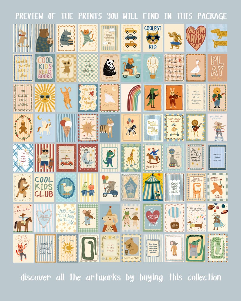 Puede incluir: Colecci&oacute;n de l&aacute;minas art&iacute;sticas ilustradas con diversos personajes animales y dise&ntilde;os caprichosos. Las l&aacute;minas presentan textos como "Coolest Kid", "This is my Happy Place" y "Cool Kids Read Books". El tema general es l&uacute;dico y adecuado para la decoraci&oacute;n infantil.