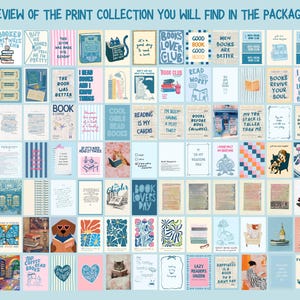 May include: A collection of illustrated prints with various book-themed quotes and images. The prints feature a light blue background and include text such as "Books Lover Club" and "Reading is my Cardio."