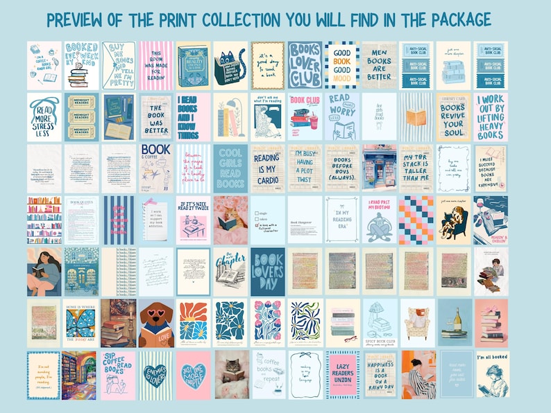 May include: A collection of illustrated prints with various book-themed quotes and images. The prints feature a light blue background and include text such as "Books Lover Club" and "Reading is my Cardio."