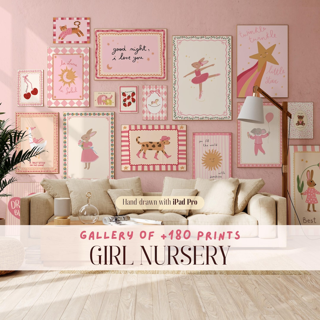 Pink Girl Nursery Prints, Cottagecore Animal Decor, Baby Room Gallery ...