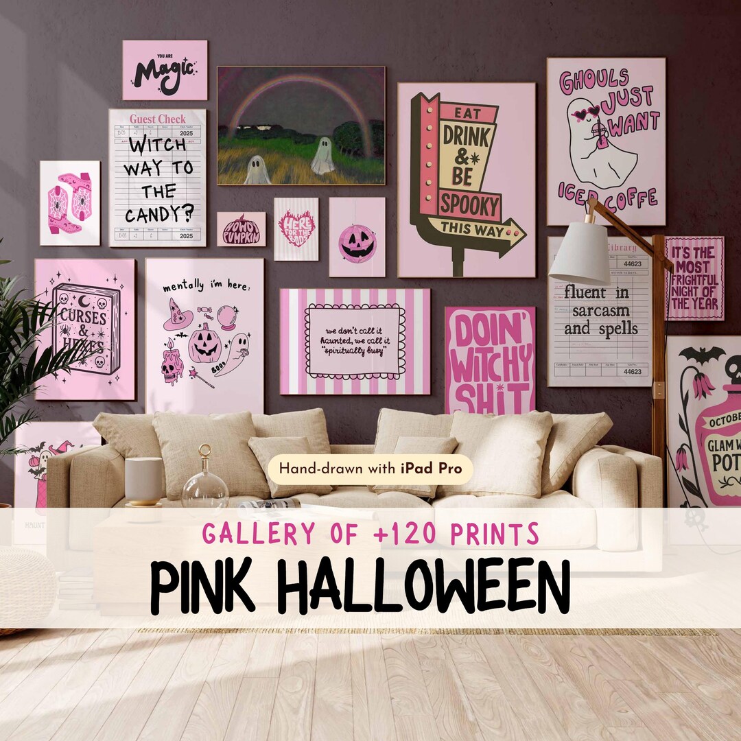 Pink Halloween Wall Art Bundle, Spooky Ghost & Cat Posters (digital ...