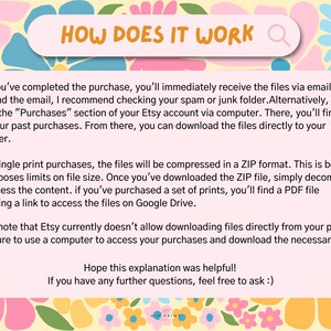 May include: A digital art graphic with the text "HOW DOES IT WORK" in a pink banner. The background is a floral pattern with pink, blue, and yellow flowers. The text explains how to access digital files after purchase.