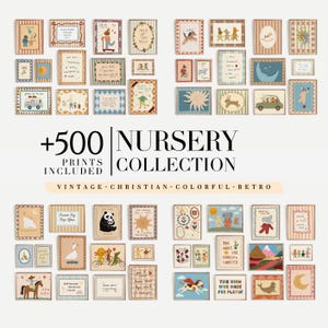 Peut inclure: Collection d'impressions encadrées pour chambre d'enfant avec des designs vintage, colorés et rétro. Les impressions présentent des illustrations d'animaux, de paysages et de citations inspirantes. Le texte sur l'image indique "+500 PRINTS INCLUDED NURSERY COLLECTION" et "Dream Big Map Open" et "THIS ROOM WAS MADE FOR PLAYIN".