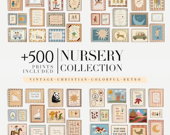 Könnte beinhalten: Eine Sammlung gerahmter Kinderzimmerdrucke mit Vintage-, farbenfrohen und Retro-Designs. Die Drucke zeigen Illustrationen von Tieren, Landschaften und inspirierenden Zitaten. Der Text auf dem Bild lautet "+500 PRINTS INCLUDED NURSERY COLLECTION" und "Dream Big Map Open" und "THIS ROOM WAS MADE FOR PLAYIN".