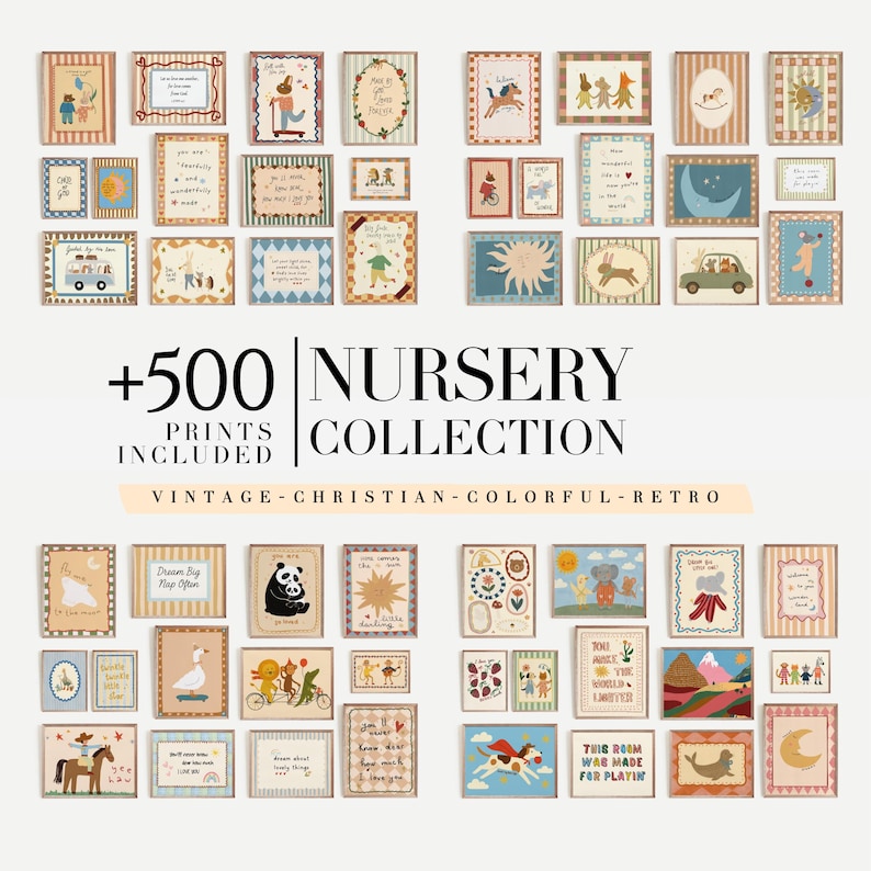 Puede incluir: Una colecci&oacute;n de l&aacute;minas enmarcadas para guarder&iacute;a con dise&ntilde;os vintage, coloridos y retro. Las l&aacute;minas presentan ilustraciones de animales, paisajes y citas inspiradoras. El texto de la imagen dice "+500 PRINTS INCLUDED NURSERY COLLECTION" y "Dream Big Map Open" y "THIS ROOM WAS MADE FOR PLAYIN".
