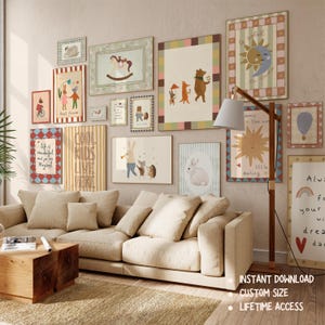 May include: A gallery wall of framed art prints with whimsical illustrations, including a rocking horse, animals, and inspirational quotes. The prints are in various sizes and colors, creating a cozy and artistic atmosphere. The text "COOL KIDS LIVE HERE" is visible.