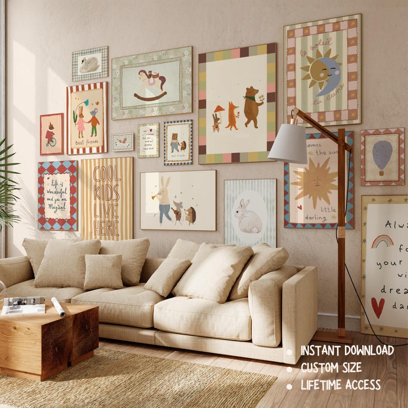 May include: A gallery wall of framed art prints with whimsical illustrations, including a rocking horse, animals, and inspirational quotes. The prints are in various sizes and colors, creating a cozy and artistic atmosphere. The text "COOL KIDS LIVE HERE" is visible.