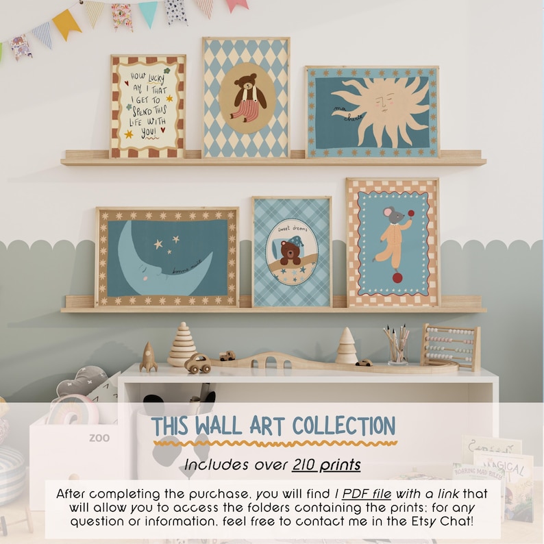May include: A collection of framed wall art prints featuring whimsical illustrations. The prints include a bear, sun, moon, and mouse, with text that reads "How lucky am I that I get to spend this life with you!" and "sweet dreams". The collection includes over 210 prints.