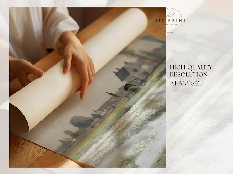 May include: A person is rolling up a canvas print of a painting depicting a landscape with a village in the distance. The print is on a white background and has a light brown wooden frame. The text "HIGH QUALITY RESOLUTION AT ANY SIZE" is visible in the lower right corner of the image.