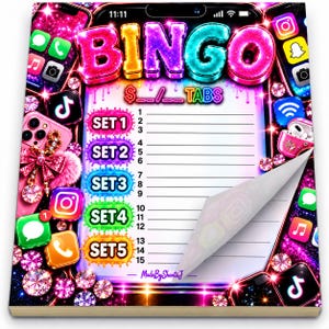May include: A bingo game sheet featuring a neon-style header with the text BINGO and $--TABS. The design includes colorful app icons, sparkling pink diamond graphics, and five numbered sets with blank lines for entries. One corner is folded over.