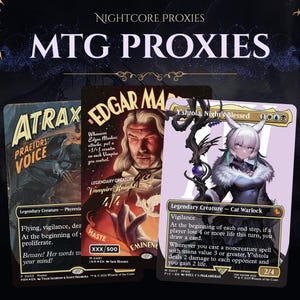 May include: Three custom Magic: The Gathering proxy cards featuring character illustrations and game text. The cards are titled Atrax, Edgar Markov, and Y'shtola, Night's Blessed, displaying various abilities, power, and toughness stats on a dark background.