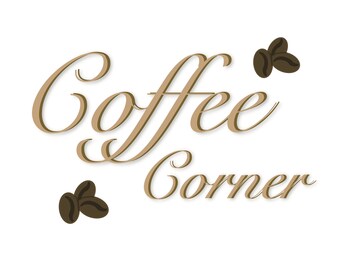 May include: A brown and gold stylized logo with the text "Coffee Corner" and two brown coffee beans on either side of the text.
