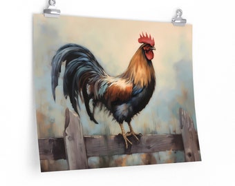 May include: A rooster with a red comb and wattle stands on a wooden fence. The rooster has brown, black, and blue feathers. The background is a soft, blurred, light blue and yellow.