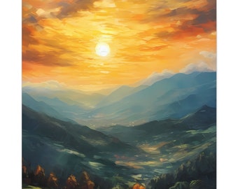 Cuadro "Tranquilidad al atardecer", paisaje impresionista de montaña, decoración de cabaña.