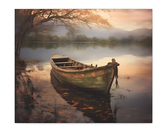May include: A weathered wooden rowboat sits in a still lake with a misty background. The boat is green and brown with a rope tied to the bow. The water is calm and reflects the sky and trees.