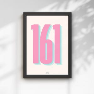 Könnte beinhalten: Ein gerahmter Kunstdruck mit der Zahl 161 in einer großen, fetten rosa Schrift mit einem hellblauen Schlagschatteneffekt. Die Zahlen sind auf einem cremeweißen Hintergrund zentriert und von einem schlichten schwarzen Rahmen umgeben.