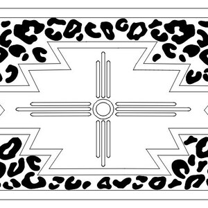 May include: A rectangular design in black and white. It features a central cross-like motif with a circular centre and radiating lines. The border is decorated with black leopard print spots, creating a striking contrast.