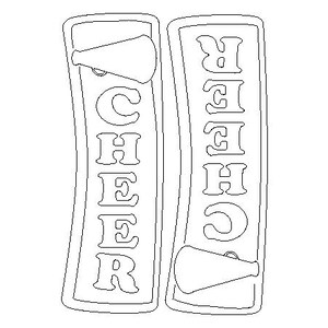 May include: Two white, vertical signs with the word "CHEER" in capital letters. Each sign has a megaphone at the top and bottom. The signs are outlined in black and have a slight curve.