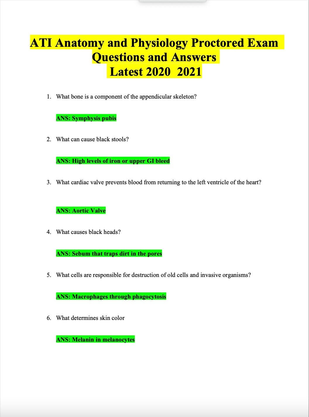 ATI Anatomy and Physiology Proctored Exam Questions and Etsy