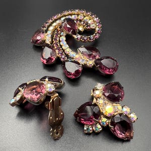 Vintage Deep Purple & Clear AB Rhinestones Gold-Toned Earrings and Brooch Pin