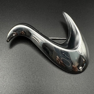 May include: A silver abstract brooch with a smooth, curved design. The brooch is shaped like a stylized letter 'S' or a bird in flight.