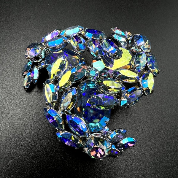 Vintage Signed SHERMAN Glittering Blue AB Rhinestone In Prongs Brooch Pin