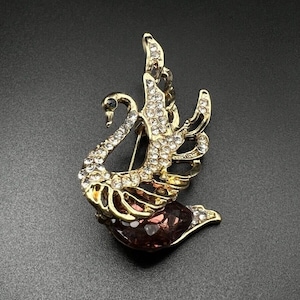 Vintage Gold-Toned Swan with Sparkly  Deep Red & Clear Crystals Brooch Pin