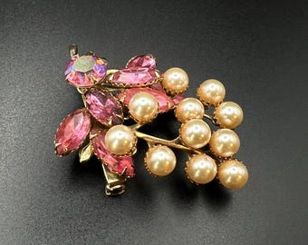 Vintage Large Gold-Toned Flower with Pink Rhinestones and Faux Pearls Brooch Pin