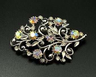 Vintage Beautiful Silver-Toned Aurora Borealis Rhinestones Brooch Pin