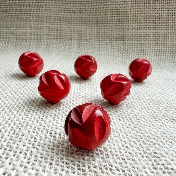 Vintage Wood Carved Red Ball Buttons, 6 Round Sphere Old Buttons, Crimson Wooden Ball Button Set