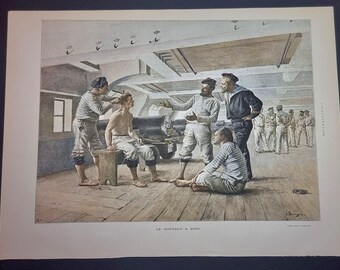 Antique French Maritime Print “The Barber on Board” – Sailors' Life at Sea – L’Illustration – 19th Century Nautical Art