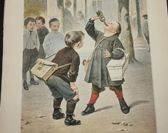 May include: Vintage illustration depicting children in a park setting. One child drinks from a bottle, while another looks on. Other children are in the background. The text "LA DERNIERE GOUTTE" is at the bottom of the image.