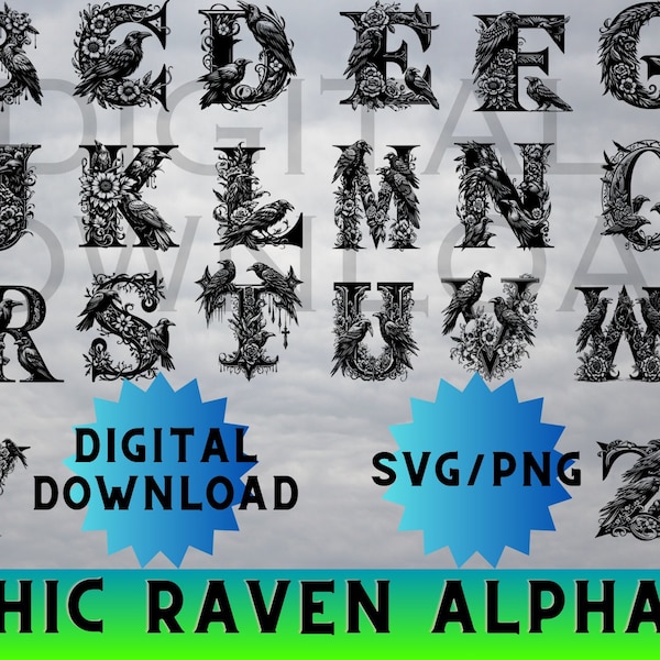 Gothic Raven font svg, Raven svg, crow svg, Gothic font, raven font, black bird svg, raven alphabet, ravens svg, floral raven, raven skull