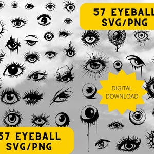 以下が含まれることがあります： SVGとPNG形式の57個の白黒の目のイラストのデジタルダウンロード。イラストは、リアル、カートゥーン、抽象など、さまざまなスタイルを特徴としています。