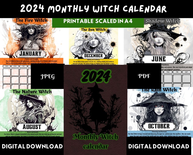 2024 Printable Witch Calendar 2024 Witch Calendar Monthly Etsy