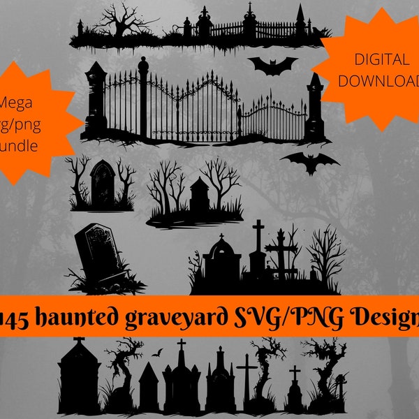 Haunted Graveyard SVG/PNG bundle. Halloween svg,Haunted tombstone,cemetery svg Halloween decal spooky graveyard svg, silhouette. Haunted svg